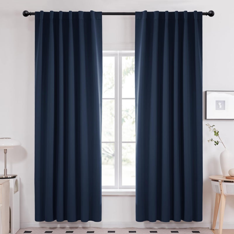 Deconovo Solid Back Tab and Rod Pocket Curtains Blackout Curtains Thermal Insulated Drapes Room Darkening Curtains for Living Room 52Wx84L Inch Navy Blue 2 Panels - Image 1